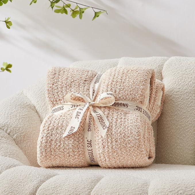Snuggle Sac Heather Beige Throw Blankets Luxurious Microfiber Fabric, Reversible Super Soft Throws Warm Cozy Knit Fuzzy Plush Throw Blanket for Couch, Bed, Sofa, Camping, Beige,50x60 inches