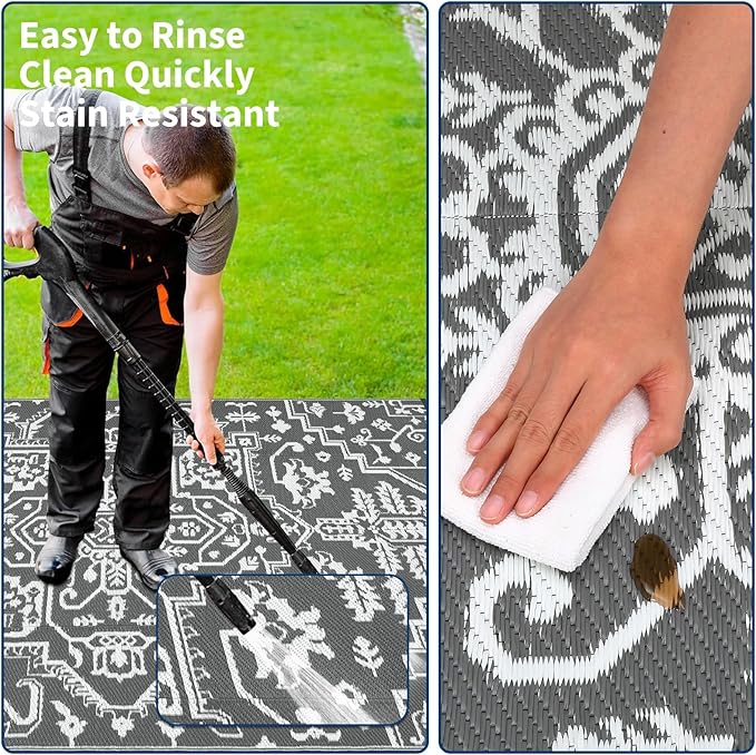 Outdoor Rug 9x12 Waterproof Reversible Plastic Straw Patio Rug, Stain-Resistant Vintage Medallion Carpet, Large Easy-Cleaning Indoor Outdoor RV Mat for Deck, Camping, Balcony, Grey White