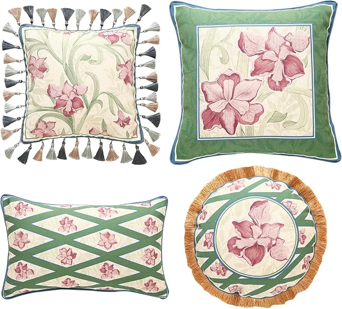 patdrea Designer Throw Pillow Covers Set of 4,French Elegant Green Linen with Iris Floral Collection Pattern Pillow Covers,Decorative Lumbar Square Round Pillowcases Cushion for Bed Living Room