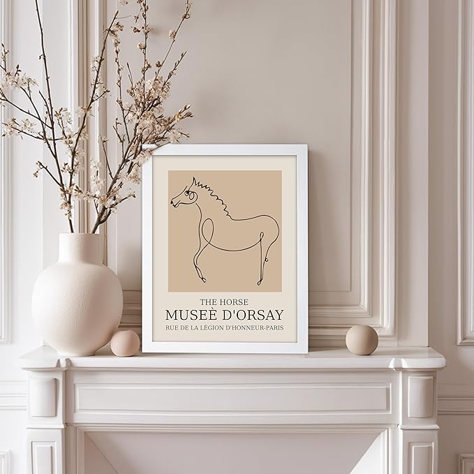Poster Master Vintage Poster - Retro Minimalist Print - Gift for Artist, Friend - Horse, Line Drawing, Sketch, Abstract - Wall Decor for Living Room, Bedroom, 11x14 White Framed