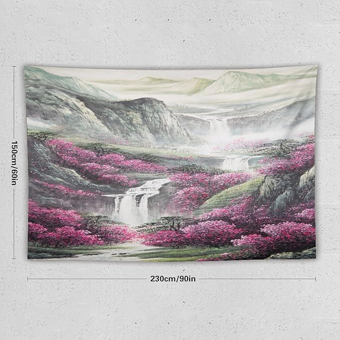 Japanese Tapestry, Red Plum Blossom Mountain Tapestry, Asian Japanese Wall Tapestry, Nature Landscape Tapestries for Bedroom Living Room Decor 90"x60"