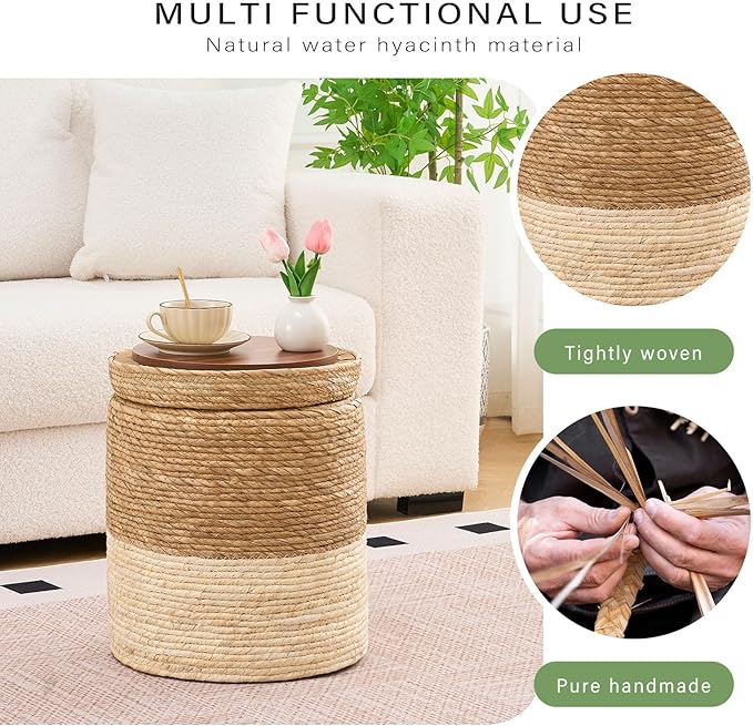Wimarsbon Round Pouf Ottomans, Handwoven Natural Water Hyacinth Seagrass Pouffe,Outdoor Rattan Stool Accent Seat, Bohemian Coastal Home Decor (Storage - 14inch Natural Cattail & White Corn Shell)