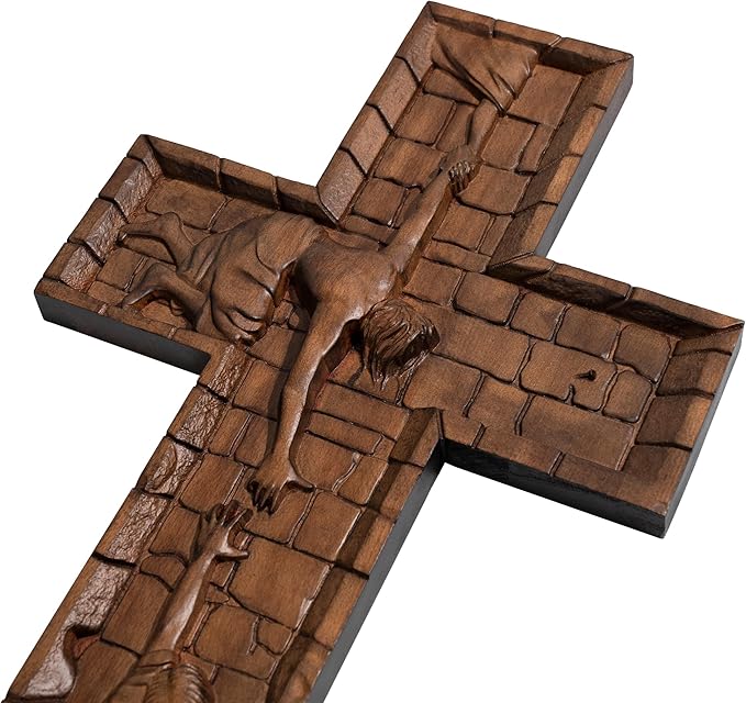 BGCOPPER Crucifix Wall Cross Handmade Wooden Cross with Hook, Christian Wall Art Jesus Wall Cross Gifts for Church Home Room Decor Christmas Cross - 20 Inch