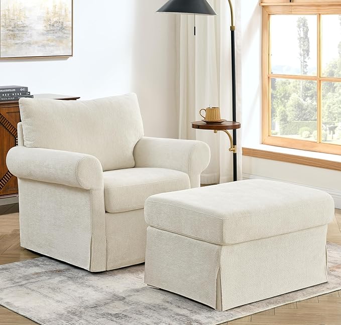 35.82” Accent Chair with Ottoman Upholstered Living Room Chairs for Reading Chair with Chaise Lounge Chairs Indoor, Comfortable Armchair for Bedroom (Beige, 35.82")