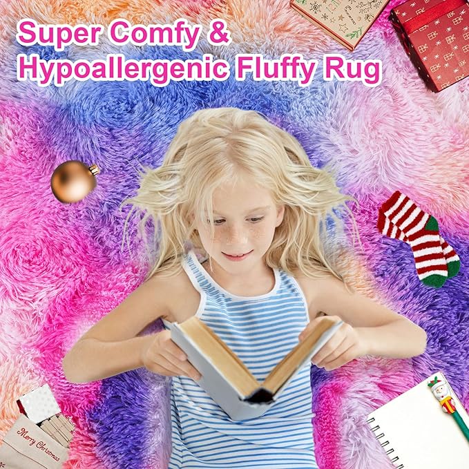 6x9 Fluffy Fuzzy Area Rug for Living Room Bedroom, Ultra Soft Large Living Room Rugs, Non Slip Thick Shag Rug for Dorm, Kids Girls Boys Rug for Home Decor Aesthetic, Dark Rainbow