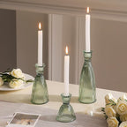 Vertical Stripe Candlestick Holders Set of 3, Premium Glass Candle Holders for Candlesticks and Taper Candles, Vintage Candle Holder Decor for Table Centerpiece, Green