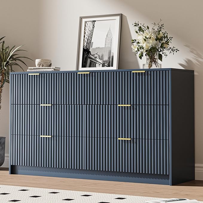 7 Drawer Dresser for Bedroom, Modern Fluted Dresser with Gold Metal Handles, Wide Chest of Drawers for Bedroom, Living Room, Entryway, Hallway, 55.9" L x 15.7" D x 31.4" H, Navy Blue