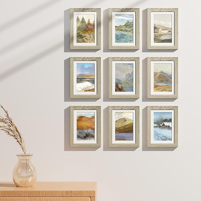 Vittanly 5x7 Picture Frames Set of 9, Shatter Resistant Plexiglass, Display 4x6 Pictures with Mat or 5x7 without Mat, Photo Frames for Wall or Tabletop, Engineered Wood, Driftwood