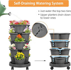 VECELO 5 Tier Vertical Garden Planter, Self Watering Stackable Planters with Wheels for Strawberries, Herbs, Flowers, Vegetables, Dark Gray