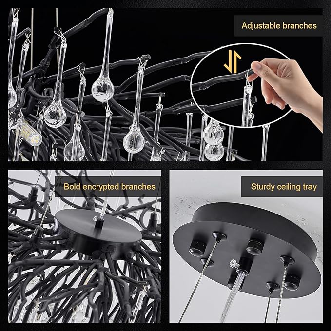 Black Chandelier for Dining Room,L47.24in Rectangular Modern Chandeliers Raindrop Light,Tree Branch Chandelier Light Fixture for Kitchen Island,Entryway 13-Light