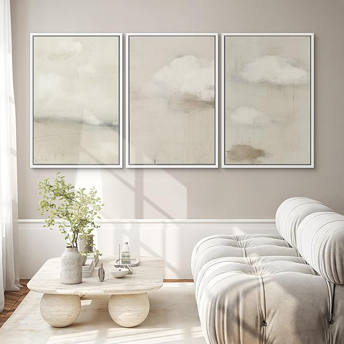 SIGNWIN Framed Canvas Print Wall Art Soft Neutral Cloudscape Minimalist Sky Photography Modern Art Minimalist Black and White for Living Room, Bedroom, Office - 16"x24"x3 White