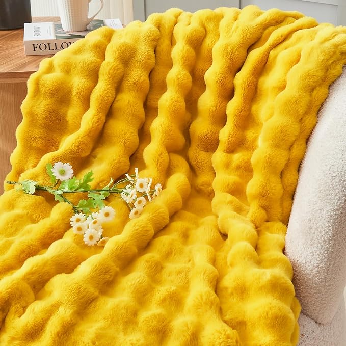 NEWCOSPLAY Faux Fur Throw Blanket Mustard Yellow Bubble Blanket Thick Warm Soft for Couch Sofa Bed 550GSM (Mustard Yellow, Throw(50"x60"))