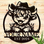 Personalized Highland Cow Name metal Signs,Custom Highland Cow Metal Shed Wall Decor,Black Metal Wall Art Plaques Outdoor wall Decorative Signage (Style A)