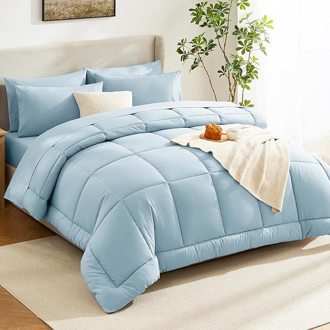 CozyLux Full Size Comforter Sets Light Blue, 7 Pieces Bed in a Bag, Blue Comforter Full Size, All Season Bedding Sets with Stitch Quilted Comforter, Flat Sheet, Fitted Sheet, Pillowcases