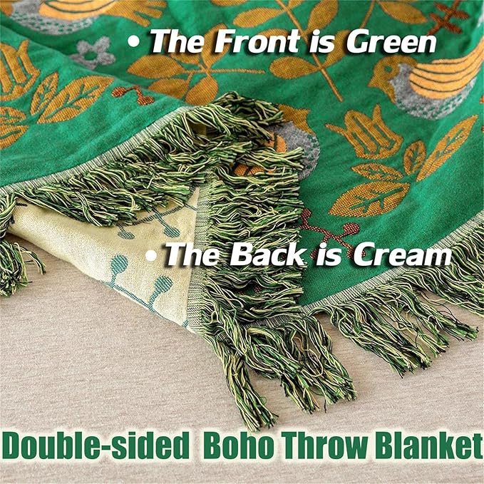 MSGKV Boho Throw Blanket 100% Cotton Green Blanket 90''x 98'' Double Sided Knit Blankets with Tassels Reversible Warm Soft Blanket Throw Blankets for Bed Sofa Living Room