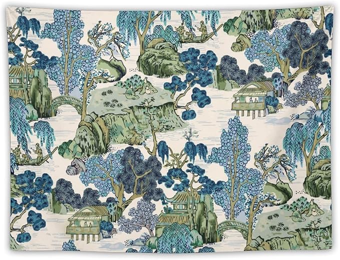 Chinoiserie Tapestry, Asian Watercolor Abstract Art, Japanese Wall Tapestry, Nature Landscape Tapestries for Bedroom, Living Room Decor 90"x60"
