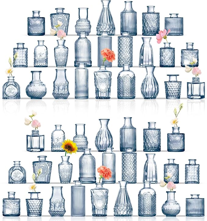 Bud Vases in Bulk 50, Glass Vases for Centerpieces, Small Vases for Flowers, Small Flower Vase for Centerpieces, Mini Vintage Vase, Blue Bud Vases for Wedding Table Decor