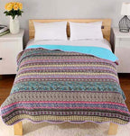 Cozyholy Boho Quilt Twin Size 100% Cotton Quilted Blanket Colorful Bohemian Striped Bedspread Coverlet Reversible Lightweight Stitch Vintage Bed Cover Throw Blanket for Couch Sofa Blue