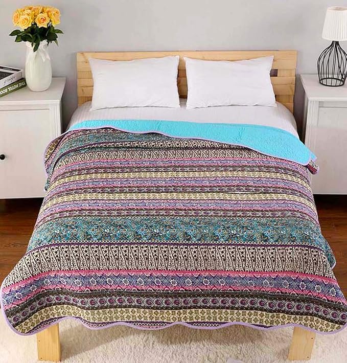Cozyholy Boho Quilt Twin Size 100% Cotton Quilted Blanket Colorful Bohemian Striped Bedspread Coverlet Reversible Lightweight Stitch Vintage Bed Cover Throw Blanket for Couch Sofa Blue