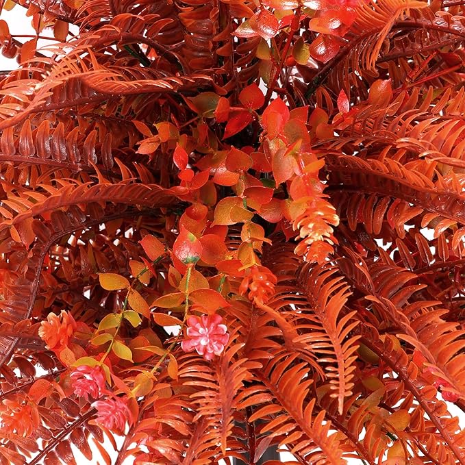 Artificial Topiary Ball Trees with Ground Spikes UV Resistant Faux Greenery Shrubs Fake Shrubs for Outdoors, Realistic Faux Plants Bushes for Garden Porch Yard Patio Decor (Orange Fern)