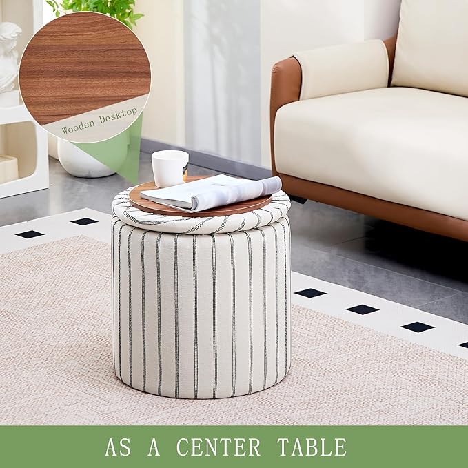 Wimarsbon 18inch Storage Ottoman with Detachable Tray, Mid Century Large Capacity Oversized Ottomans, Multifunctional Small Center End Tables, Suitable for Modern Home Styles (Round)