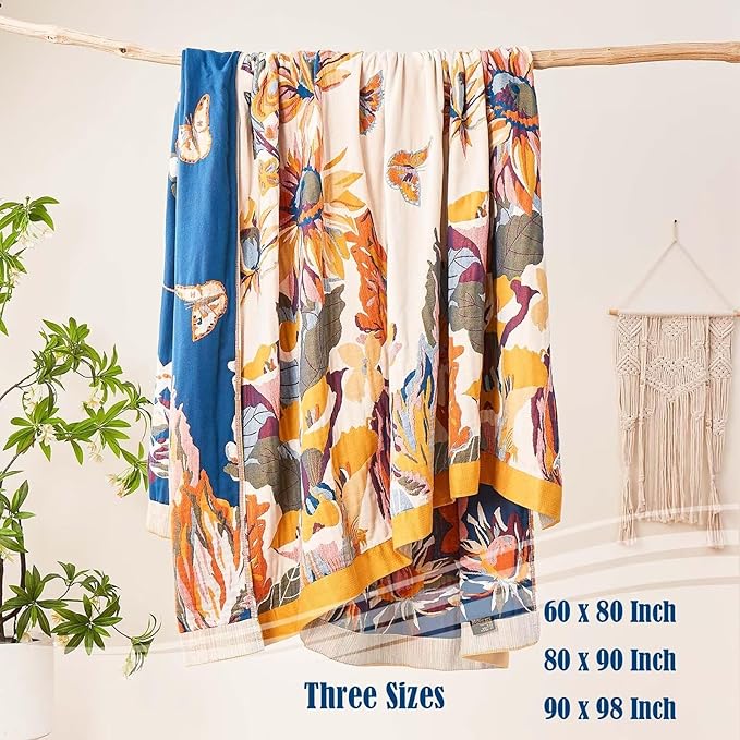 Boho Throw Blanket, 100% Cotton Ultra Soft Luxury Throw Rustic Quilt, 60"x80" Floral Bird Butterfly Farmhouse Decor Bed Blankets, All Season Rustic Reversible Bohemian Throw for Bed - Yellow