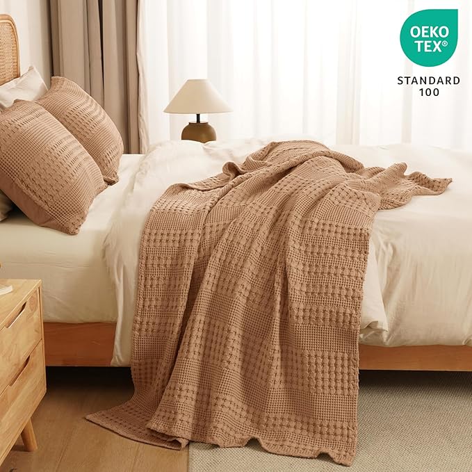 PHF 100% Cotton Waffle Weave Throw Blanket, Soft Lightweight Breathable Cozy Summer Throws for Couch Bed Sofa, Luxury Aesthetic Woven Blanket for Home Decor & Office, 50"x60", Camel