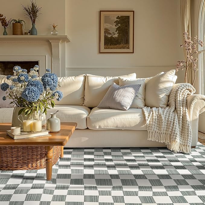 jinchan 6x9 Checkered Area Rugs for Kids Room - Machine Washable Soft Rug Modern Geometric Lattice Non-Slip Carpet for Nursery Playroom Classroom Living Room Bedroom Dining Room Home Office Grey