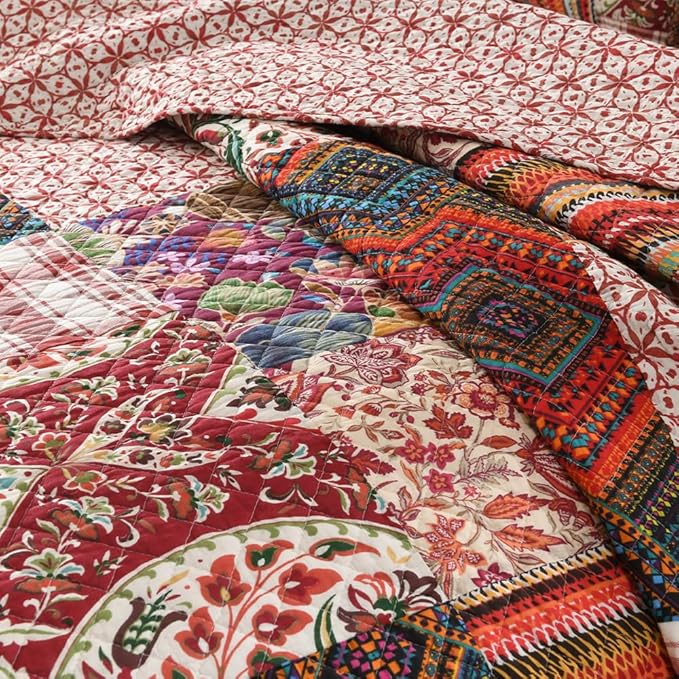 Cotton Bedspread Quilt Sets Reversible Bedding Coverlet Sets 3 Pieces Gorgeous Vintage Damask Red Patchwork Bedspread, Queen Size