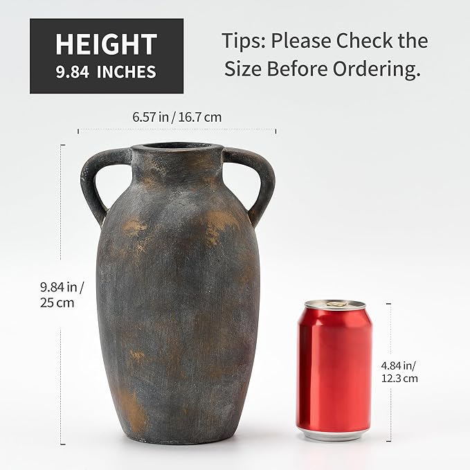 9.84 Inch Terracotta Vase with Handles, Ceramic Rustic Vase for Home Decor, Vintage Antique Farmhouse Decor for Living Room, Table, Thanksgiving - Black Bronze