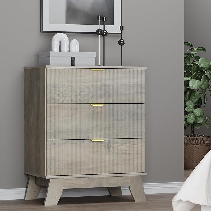 Fluted 3 Drawer Dresser, 30.3" Tall Compact Modern Boho Chest of Drawers, Wooden Storage Cabinet for Bedroom, Living Room, Entryway, Curved Profile Design