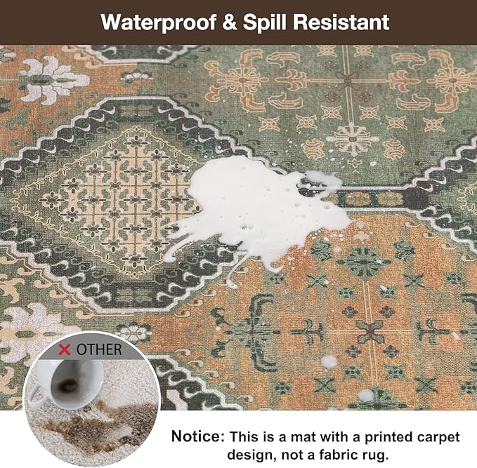 Floor Mat for Home 5×7ft, Easy Clean Plastic Rug-Like Pattern Area Mat for Living Room, Waterproof Vinyl Area Rug for Under Kitchen Table, No Slip Soft Vintage Rug for High Traffic Area (Green)