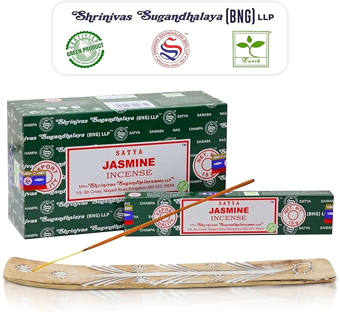 Satya Jasmine & Nagchampa Incense Sticks - 15gmx12 Pack with Raajsee Incense Holder