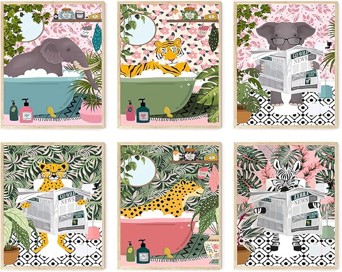 Funny Cute Canvas Art Wall Prints Set of 6, Kids Bathroom Decor Wall Art with Elephant, Zebra, Tiger Animal Pictures, Modern Humor Animals Bathroom Decor
