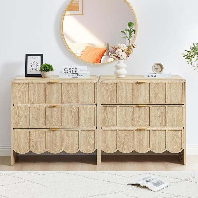 3 Drawer Dresser for Bedroom Set of 2, Modern Closet Chest of Drawers with Wave Fluted Drawer, Wood Storage Small Dresser Organizer for Nursery Bedroom Living Room Hallway Closet (Natural)