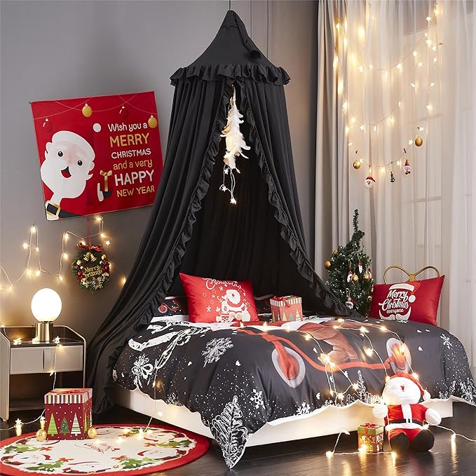 VETHIN Bed Canopy for Girls,Princess Round Dome Dreamy Mosquito Net Bedding Girls Room Castle Play Tent Hanging House Decor Reading Nook Canopies (Black)