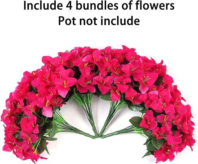 Ivydale Artificial Flowers for Outdoors, 4 Bundles Fake Bougainvillea Flower UV Resistant Silk Flowers for Outside, Outdoor Faux Plants for Planter Patio Porch Window Garden Home Decoration (Hotpink)