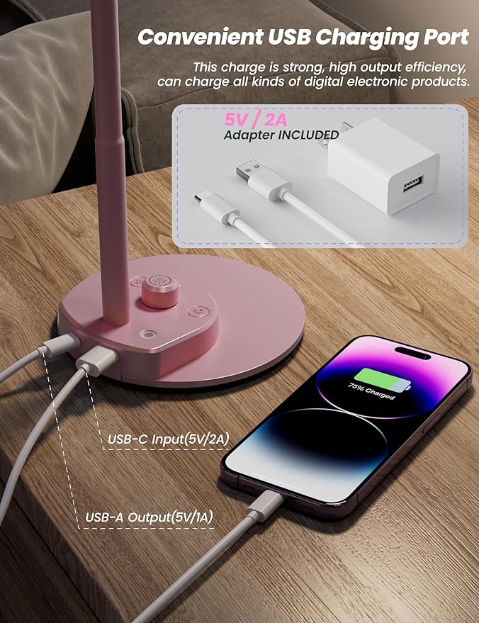 BOHON Cute Desk Lamp with USB Charging Port, Pink Lamp 3 Color Modes Dimmable LED Reading Lamp, Flexible Gooseneck Auto Dimming Table Task Light for Home Office Dorm Bedside, Pink