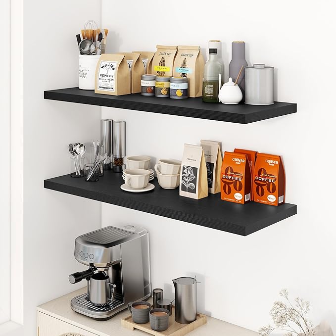 Dreamland 40" Floating Shelves for Wall, 12" Deep Slim Black Floating Shelves, Wall-Mounted Shelves for Bedroom, Living Room, Kitchen, Bathroom - Set of 2