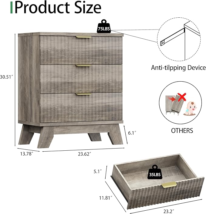 Fluted Nightstand, 24" Wide Side Table with 3 Large Storage Drawers, Mid Century Modern Wood Night Stand with Metal Handle, Wooden Bedside End Table for Bedroom, Living Room, Closet, Grey