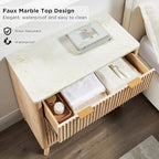 T4TREAM Fluted 3 Drawer Dresser, 32" Tall Modern Chest of Drawers with Faux Marble Top, Curved Profile Design, Wood Drawer Organizer for Bedroom, Living Room, Hallway, Entryway, Natural Oak