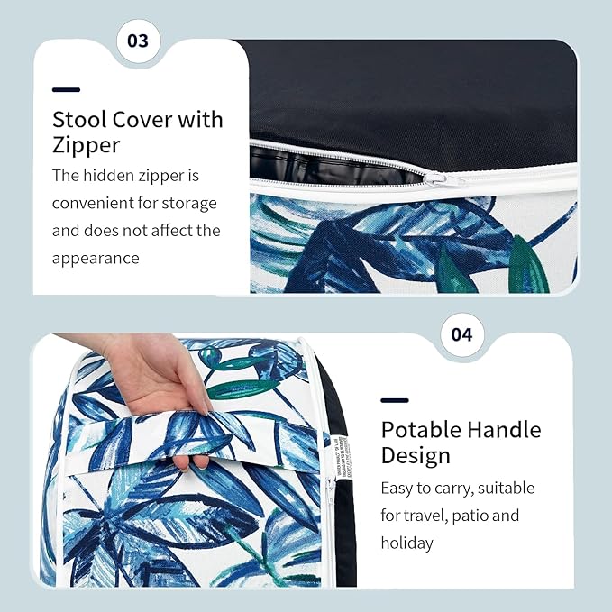 Inflatable Ottoman Stool D21 xH9 for Outdoor/Indoor Use, Water Repellent Patio Foot Rest Stool with Portable Handle,Round Pouf Ottoman Suitable for Garden,Deck and Camping - Leaves Ink Blue