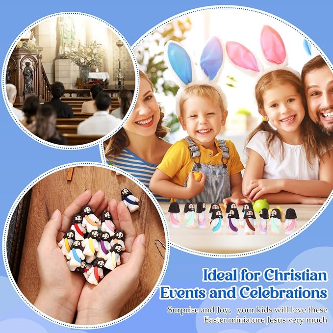Bememo 100 Pcs Jesus Toys Original Design Mini Rubber Little Jesus Figurine to Hide and Seek Religious Party Favors Sunday School Craft Baptism Gifts for Easter Egg Stuffers (Colorful)