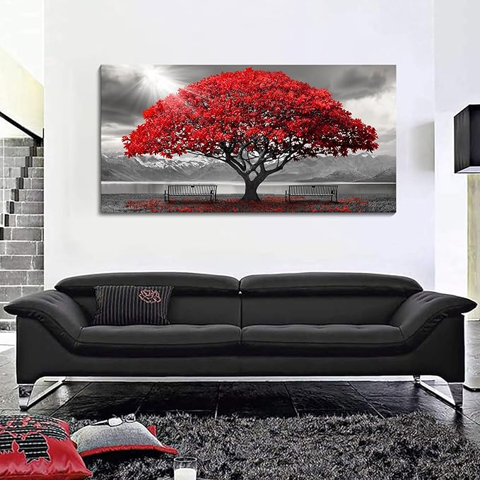 AJAZIKO Red Wall Art - Modern Framed Wall Art for Living Room - Red Tree Black and White Landscape Canvas Prints Posters & Prints for Home Office Bedroom Decorations - Large Wall Pictures 24×48IN