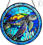 Stained Glass Turtle Suncatcher Window Hanging - Handmade Sea Turtle Suncatchers for Windows with Hooks - Sea Glass Wall Art Home Decor Outdoor Garden Sun Catcher - Birthday Gifts for Mom Grandma