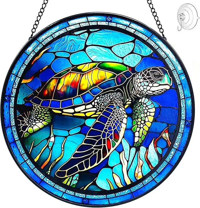 Stained Glass Turtle Suncatcher Window Hanging - Handmade Sea Turtle Suncatchers for Windows with Hooks - Sea Glass Wall Art Home Decor Outdoor Garden Sun Catcher - Birthday Gifts for Mom Grandma