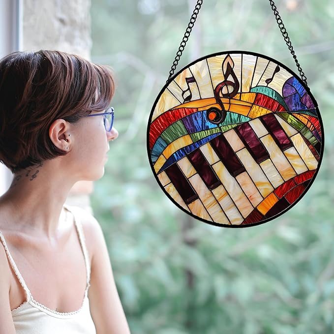 Stained Glass Window Hanging, Piano Notes Sun Catchers Glass Panel Suncatcher Decor for Birthday for Women, Men, Wife, Aunt, and Mom 14.9x14.9 in