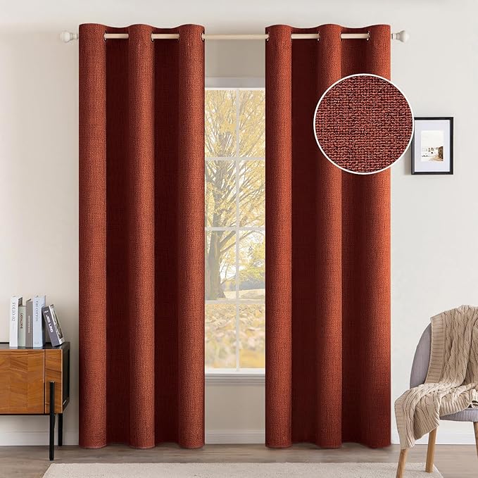 MIULEE Linen Curtains Soild 100% Blackout Thermal Insulated Burnt Orange Fall Curtains Grommet Room Darkening Curtains & Drapes for Living Room Bedroom Nursery 42 x 90,Rust Terracotta (2 Panels)