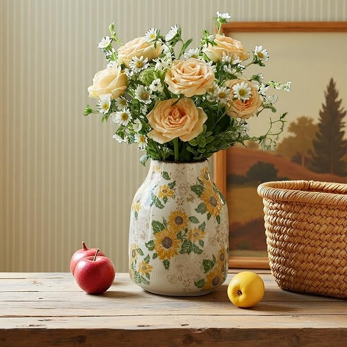 Levvohd Vintage Ceramic Vase, 7.7 Inch Yellow and Beige Sunflower Floral Modern Flower Vases for Home Decor Aesthetic Living Room Bookshelf Office Tuscan Decorations (Conical)