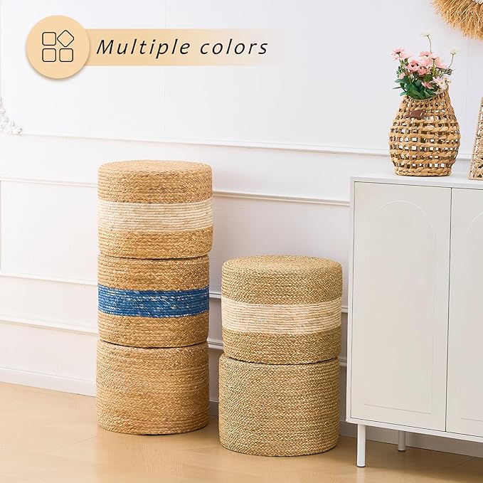 Handwoven Seagrass Ottoman Pouf, Round Outdoor Footstool with Sturdy Frame, No Assembly Needed, Boho Accent Stool for Indoor & Outdoor Use – Patio, Balcony, Living Room (Seagrass White)